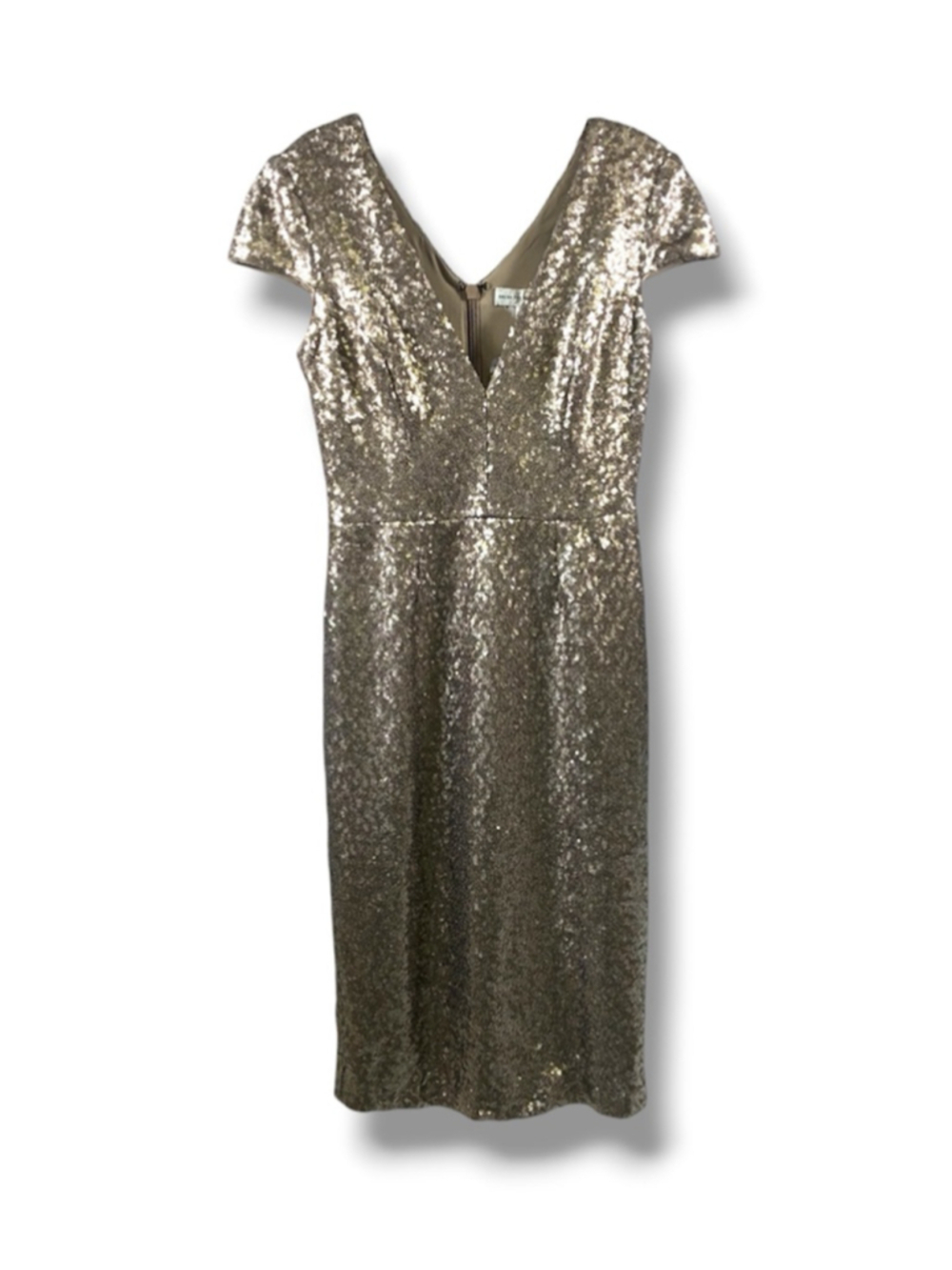 DRESS THE POPULATION NWT Mae Sequin V-Neck Dress in Gold Size S